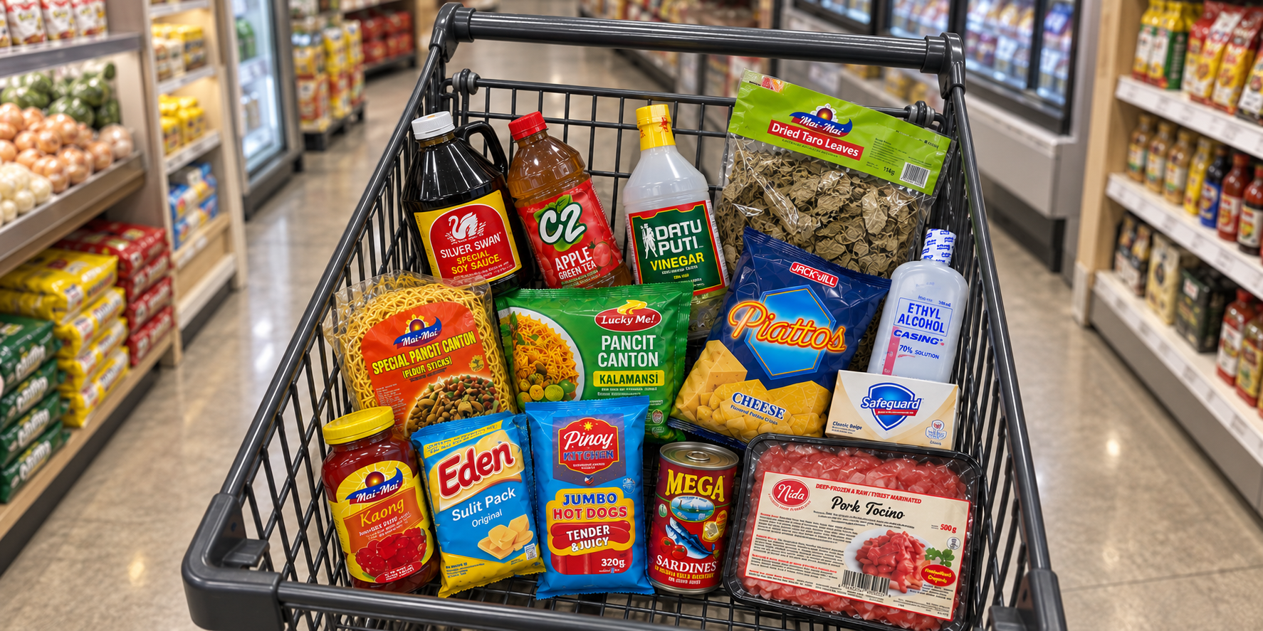 AI-created view looking down into a shopping cart filled with Filipino groceries and household favourites in a supermarket aisle